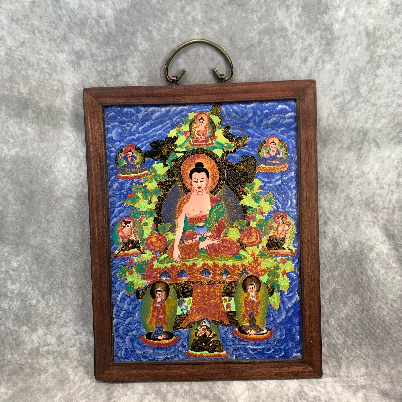 A FINE TIBETIAN BUDDHISM PORCELAIN PAINTING WITH ROSEWOOD FRAME (1 of 2)