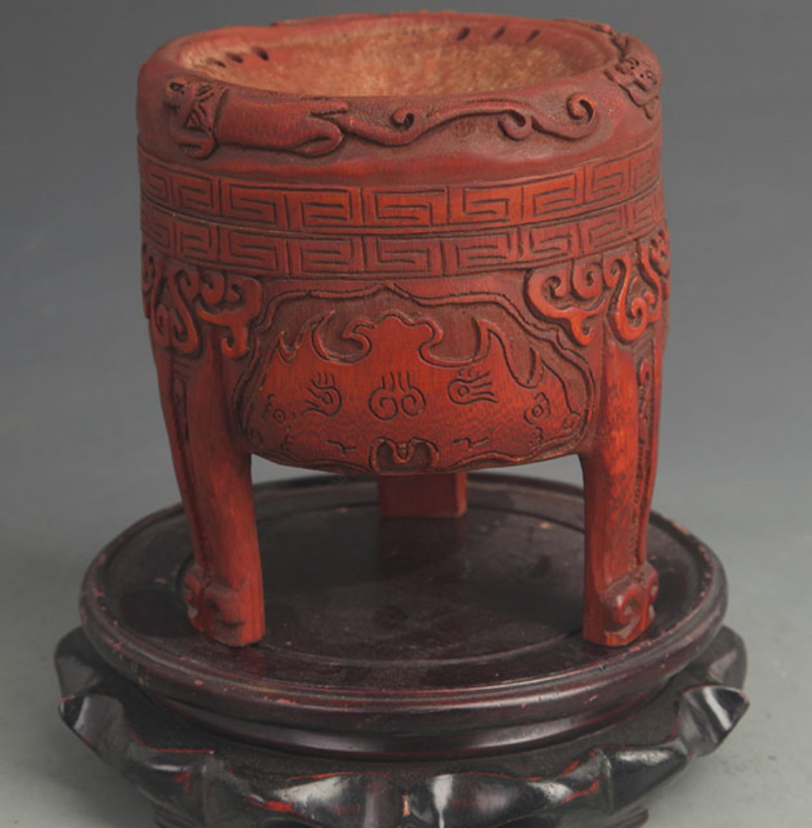 BAMBOO CARVED DING-FORM COLD INCENSE BURNER WITH THREE BLESSINGS AND THREE LONGEVITY CHARACTERS: 20th Century; High: 5.50 inch; Diameter: 5.00 inch; wooden base for picture and display purpose only.