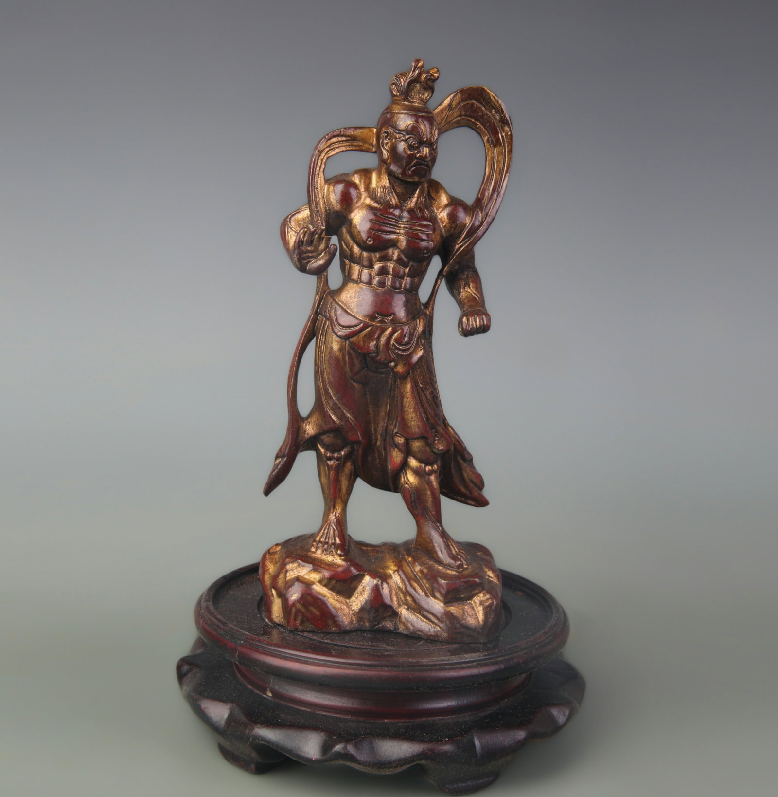 A FINE GILDED BRONZE LUO HAN STATUE: Qing Dynasty; Width: 2.9 inch; High: 6.7 inch; wooden base for picture and display purpose only.