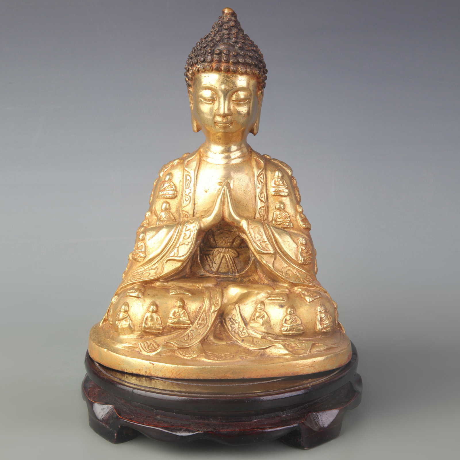 A FINE BRONZE SAKYAMUNI BUDDHA FIGURE: Qing Dynasty; High: 8.3 inch; wooden base for picture and display purpose only.
