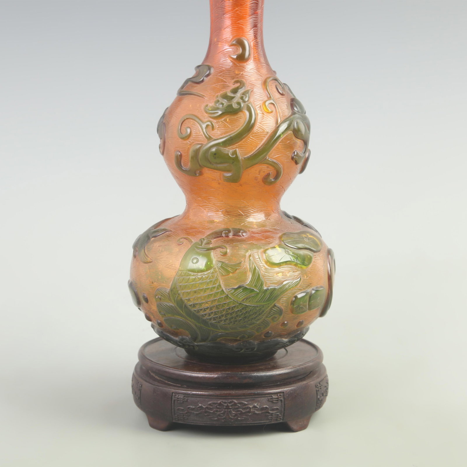 RARE FISH PATTERN CALABASH SHAPED GLASS BOTTLE - 2