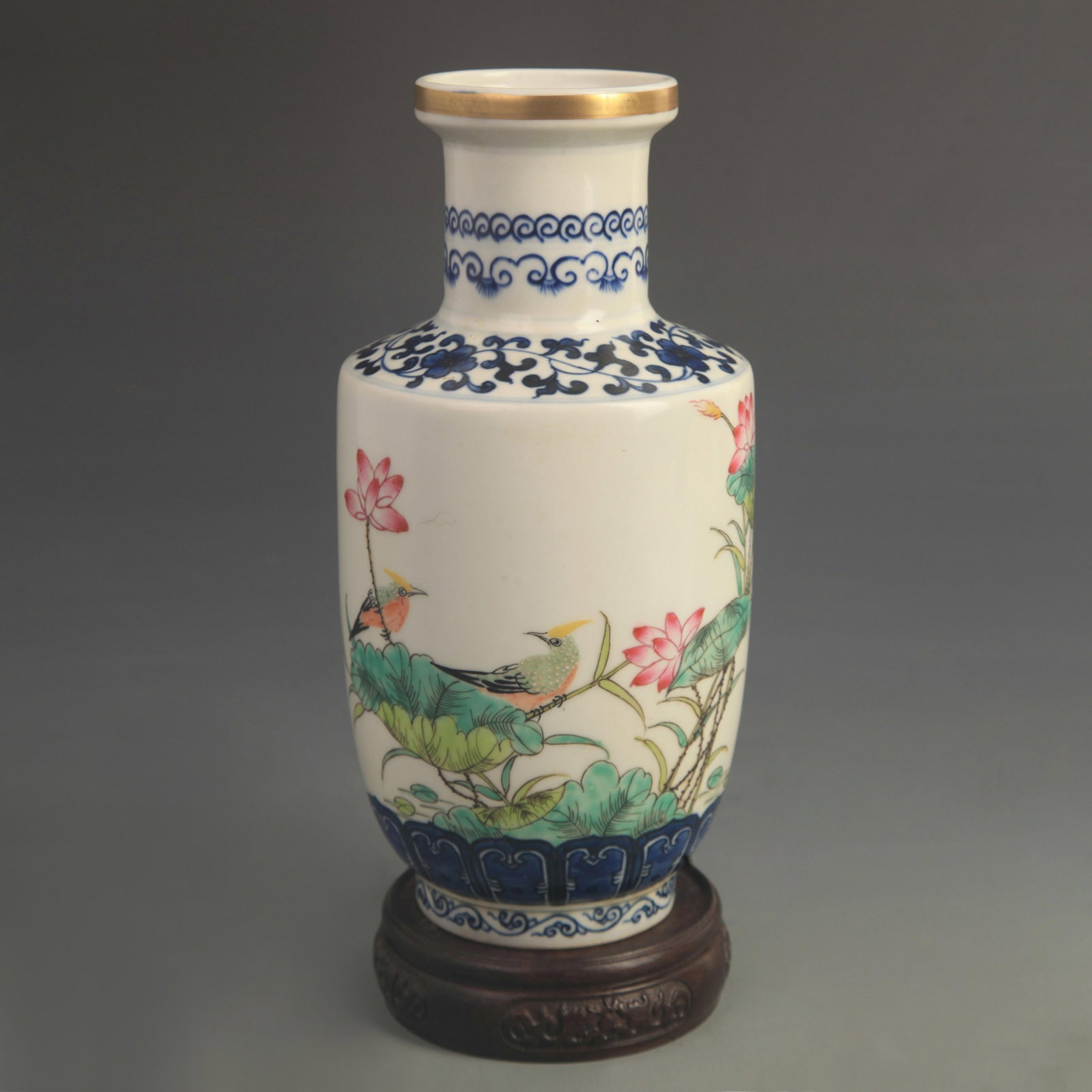 CLOISONNE GLAZED BIRD AND FLOWER PATTERN CLUB STYLE VASE: Qing Dynasty Qian Long Period Diameter:High: 8.80 inch; Diameter: 4.30 inch; wooden base for picture and display purpose only.
