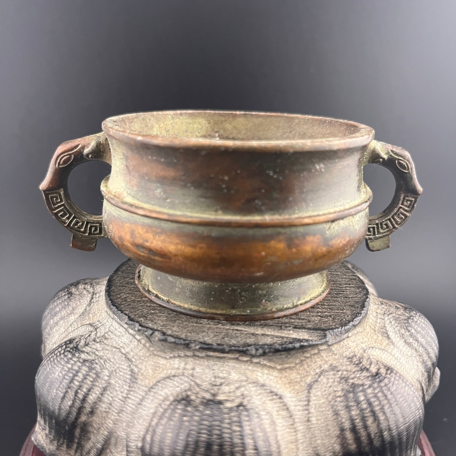 SMALL BRONZE CENSER WITH ELEPHANT-MASK HANDLES: Qing Dynasty; Width:4.1 inch; High: 1.68 inch; wooden base for picture and display purpose only.