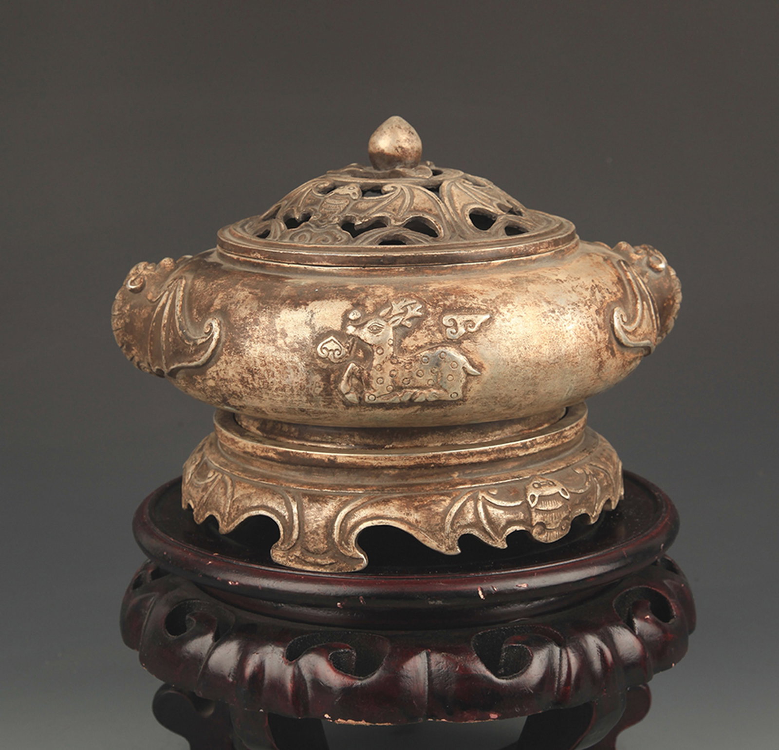 RARE SILVER PLATED INCENSE BURNER WITH FU-LU-SHOU DECORATION: Qing Dynasty; High: 6.75 inch; Diameter: 5.25 inch; Width: 9.0 inch; wooden base for picture and display purpose only.
