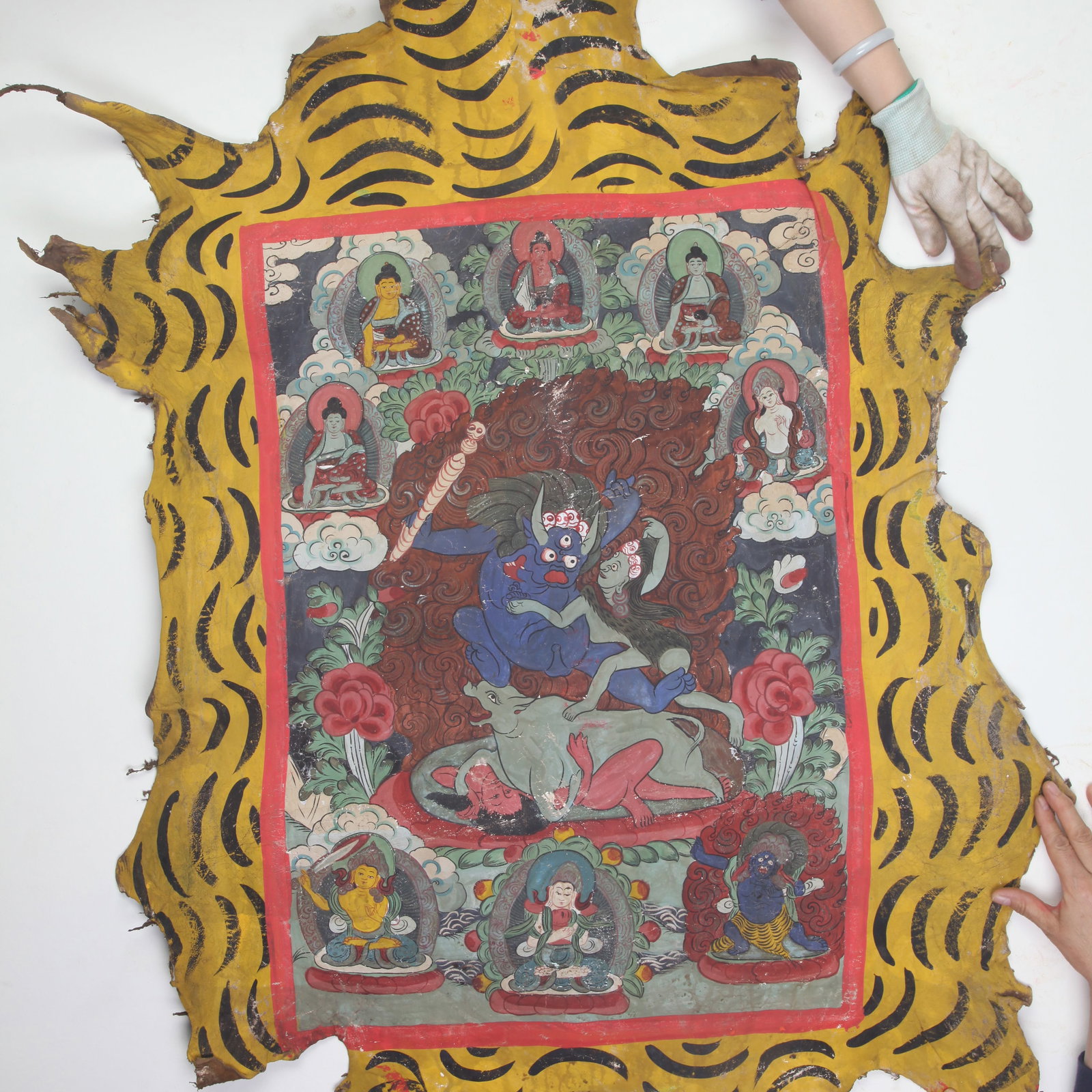 A FINE TIBETAN SHEEPSKING THANGKA WITH YAMA DHARMARAJA FIGURE: 19th Century; Long: 48.0 inch; Width: 31.0 inch;