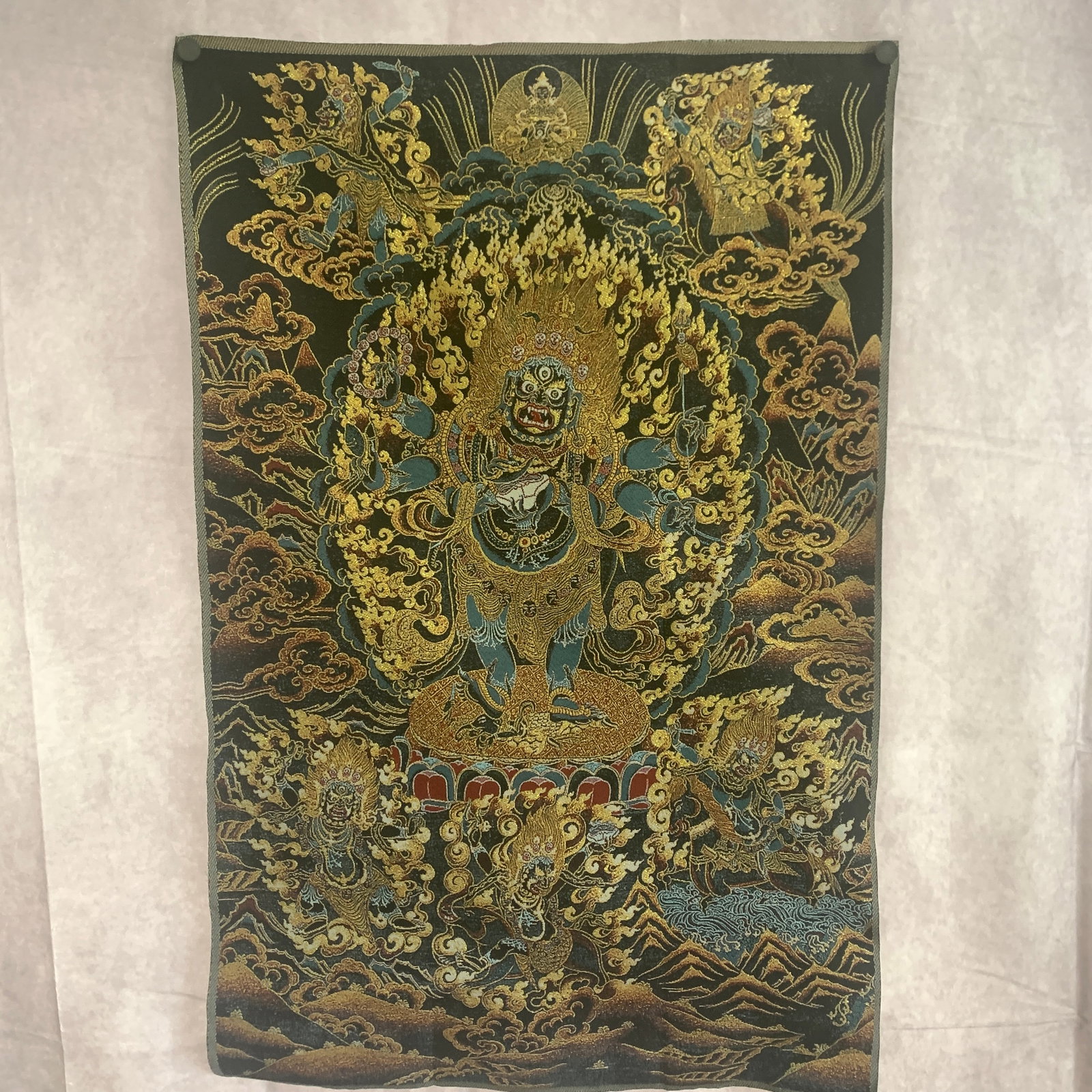 A FINE TIBETIAN TANGKA ON SILK: ; Long: 35.8 inch; Width:23.3 inch;