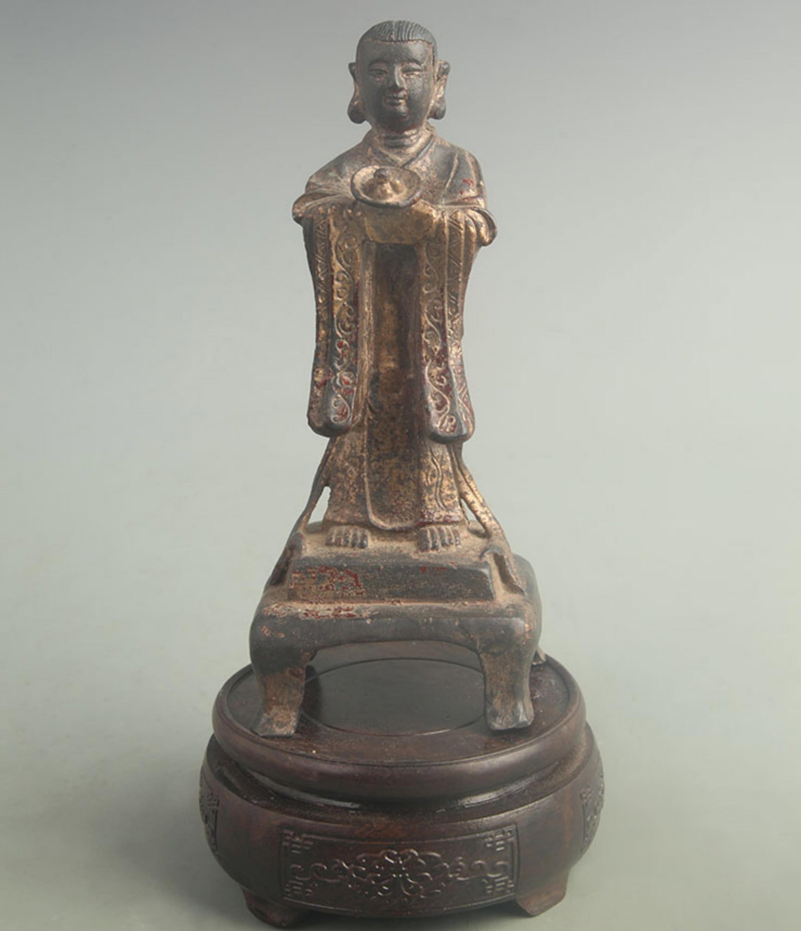 GILT BRONZE WEALTH-BRINGING BOY STATUE: 19th Century; High: 7.20 inch; Width: 2.40 inch; Long: 3.20 inch; wooden base for picture and display purpose only.
