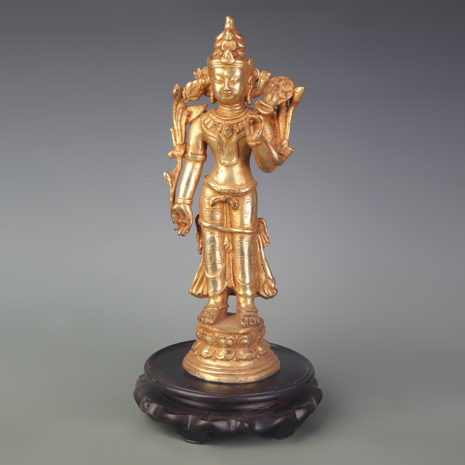 RARE GILT BRONZE BUDDHA STATUE: Qing Dynasty; Width: 3.7 inch; High: 10.4 inch; wooden base for picture and display purpose only.