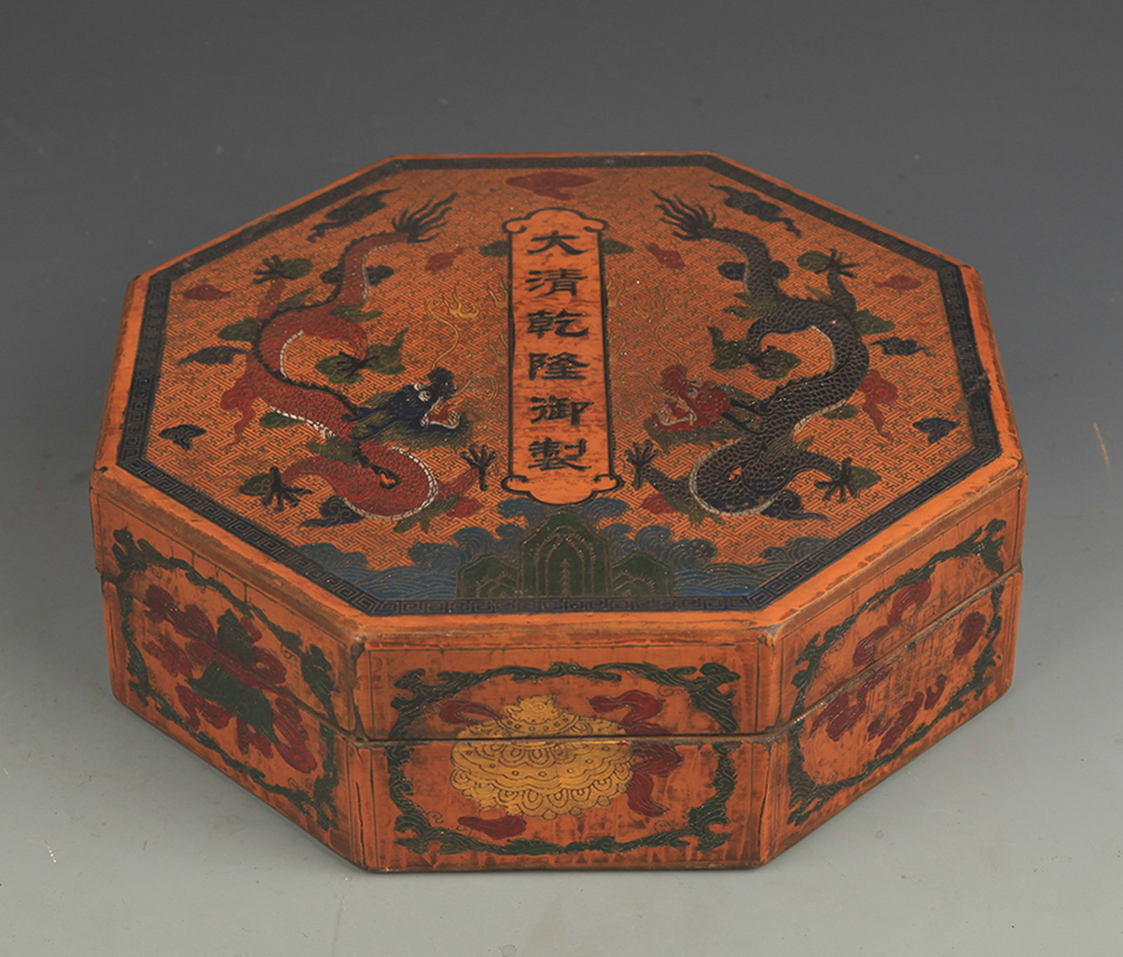 GILT LACQUER DRAGON PAINTED WOODEN BOX WITH COVER: Qing Dynasty, High: 2.75 inch; Width: 8.75 inch;