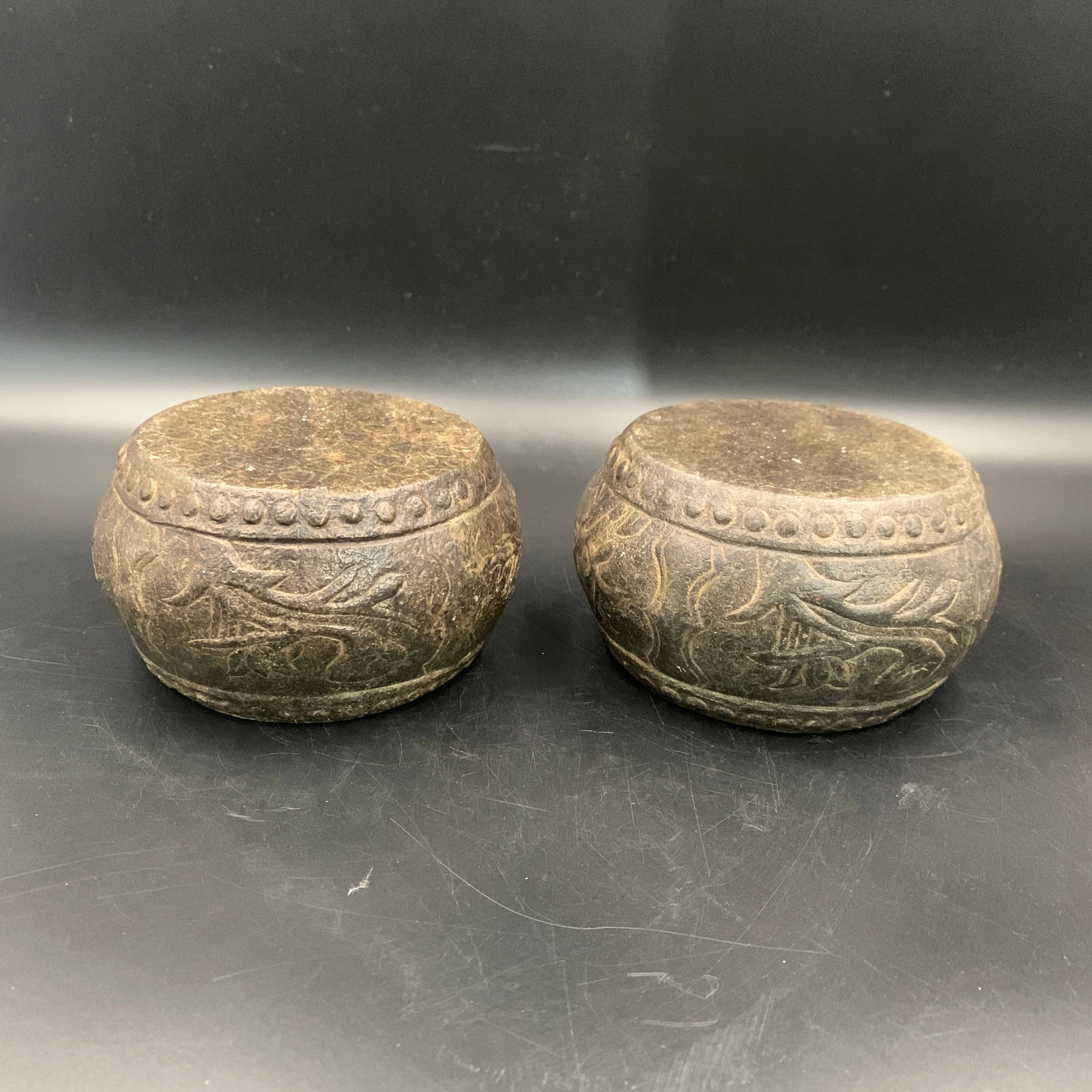PAIR OF CARVED STONE CLOUD-SCROLL PATTERN BASES - 3