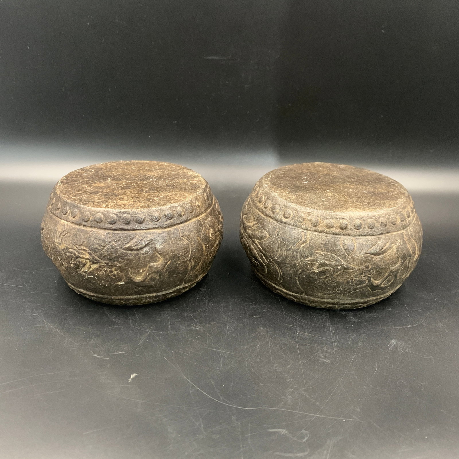 PAIR OF CARVED STONE CLOUD-SCROLL PATTERN BASES - 4