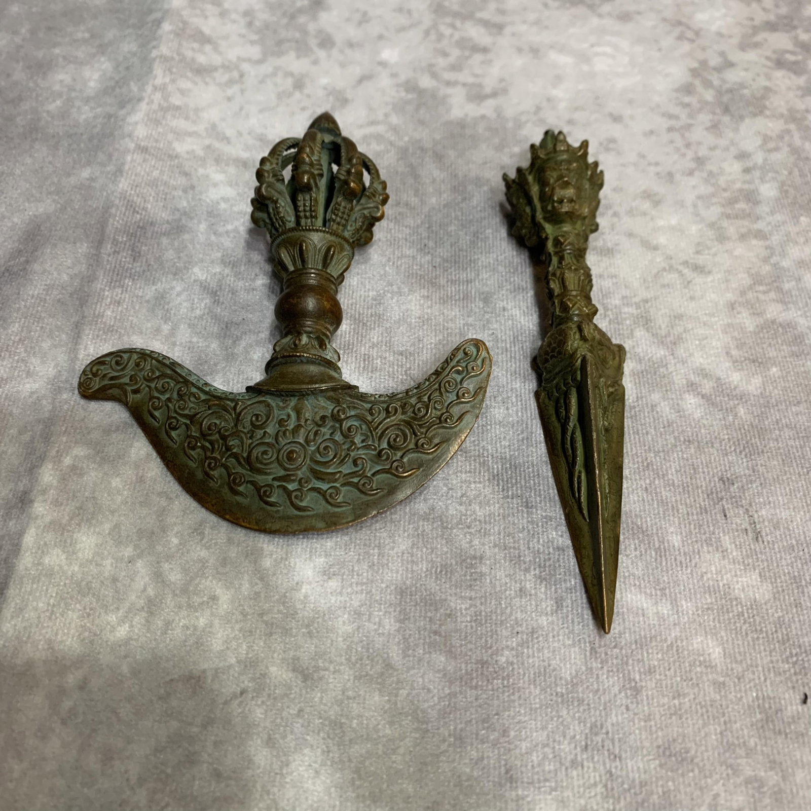 TWO TIBETAN BUDDHIST RITUAL INSTRUMENTS: 20th Century; Width: 4.0 inch; High: 4.7 inch; Width: 0.9 inch; High: 5.7 inch