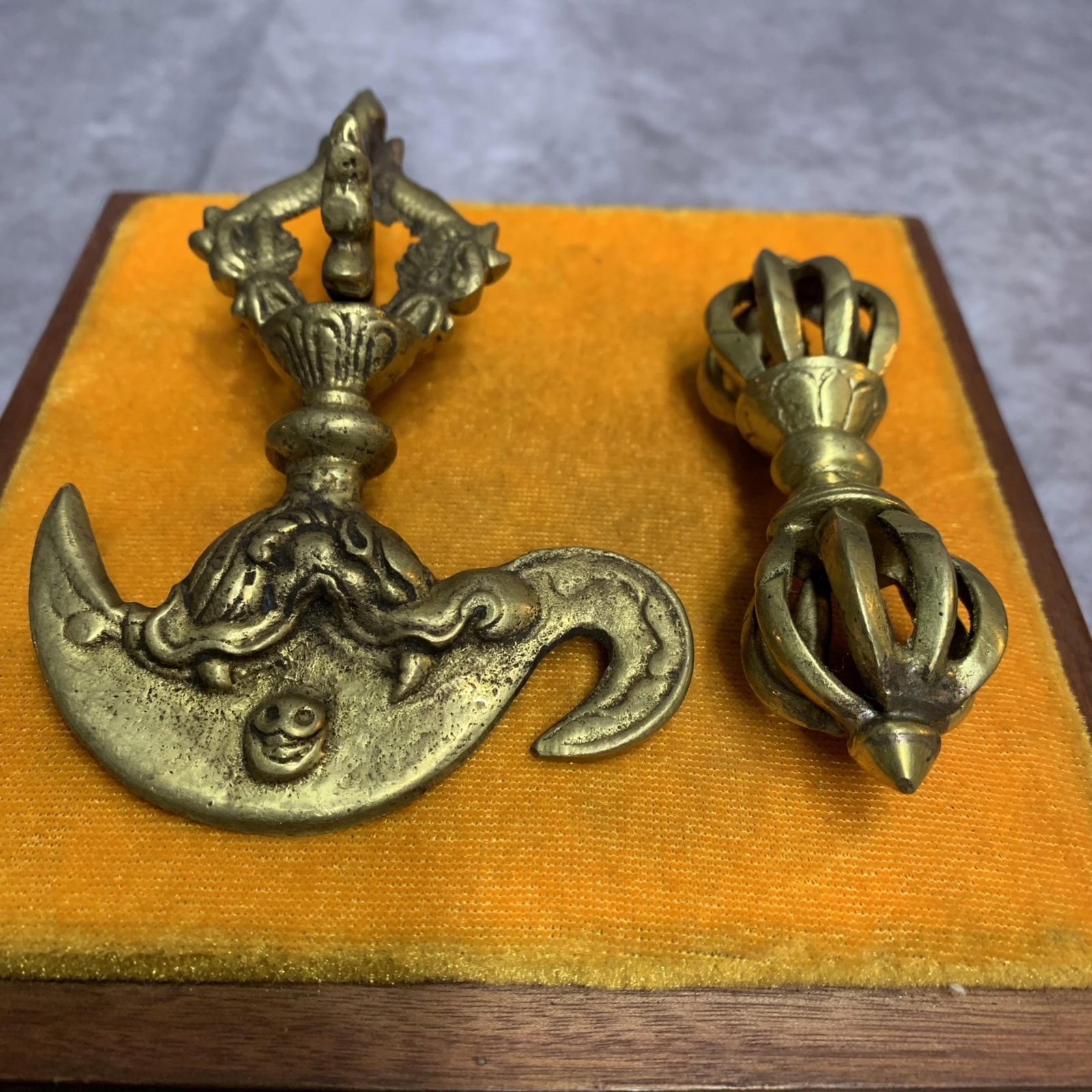 SET OF TIBETAN BUDDHISM RITUAL INSTRUMENTS: 20th Century; Width: 3.1 inch; High: 4.5 inch; Width: 1.1 inch; High: 3.7 inch; wooden base for picture and display purpose only.