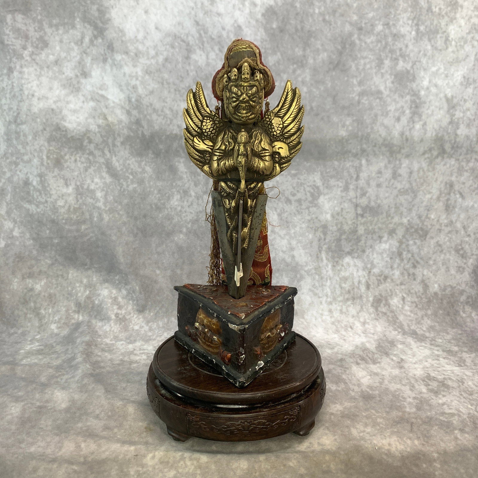 TIBETAN PHURBA DAGGER (GARUDA/VAJRAKILA ASPECT) WITH WOOD BASE: Republic Period; Long: 4.8 inch; Width: 3.9 inch; High: 11 inch; wooden base for picture and display purpose only.