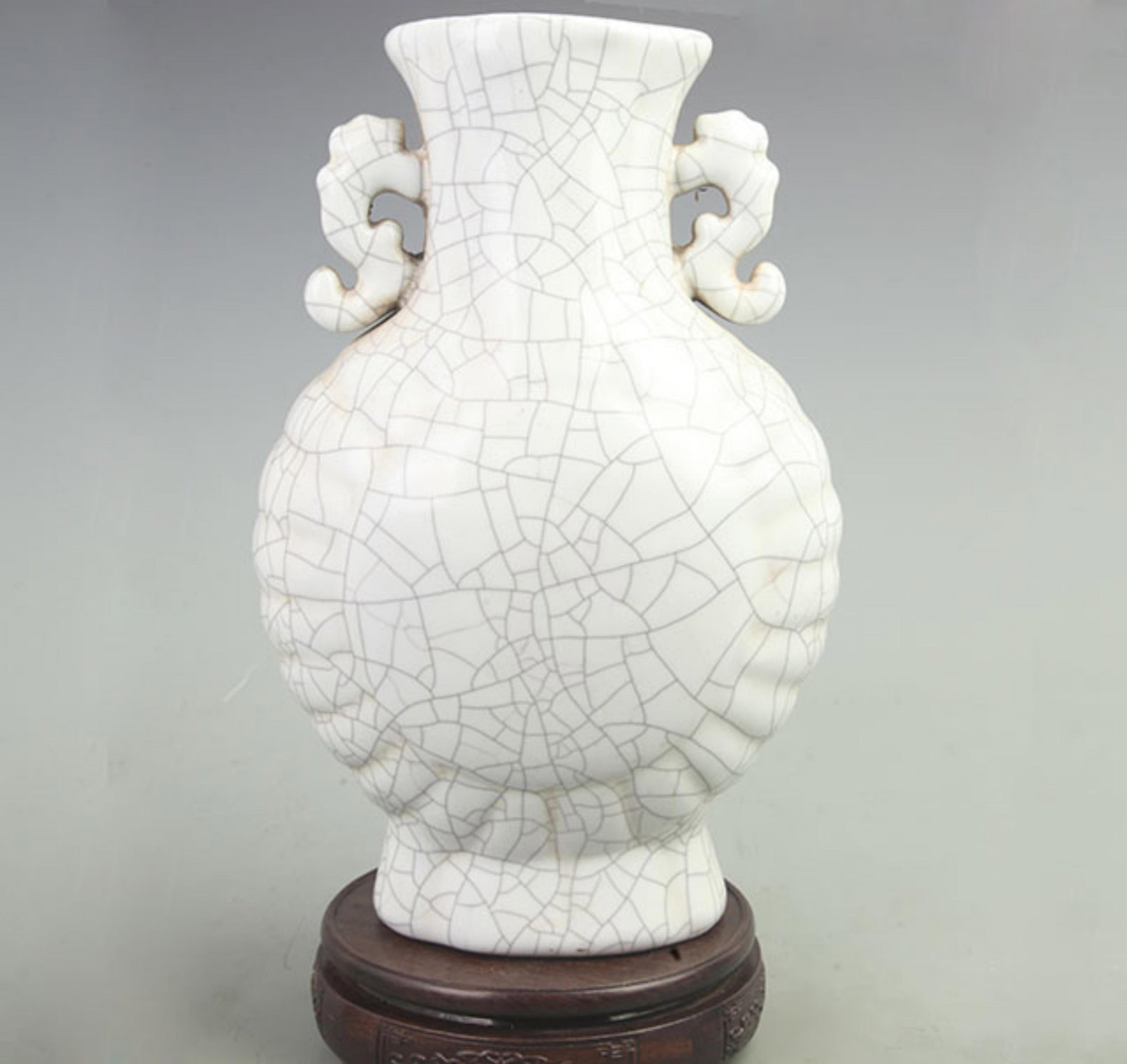 OFFICIAL KILN BEAST EAR MOON STYLE PORCELAIN FLASK: Song Dynasty Style; High: 12 inch; Diameter: 8 inch;; wooden base for picture and display purpose only.