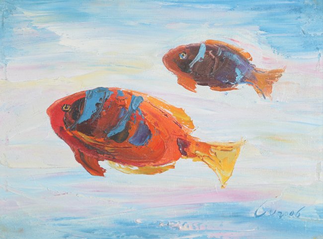 A LIANG BO OIL PAINTING: The Fish, H:11.8 in x W:15.7 in