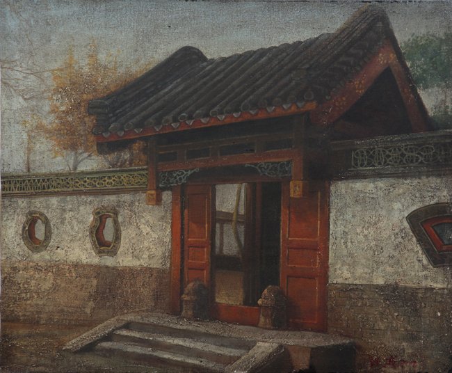 A WANG TIE CHENG OIL PAINTING (ATTRIBUTED TO 1942 - ): Old Chinese House, L:23.7 in × W:19.5 in