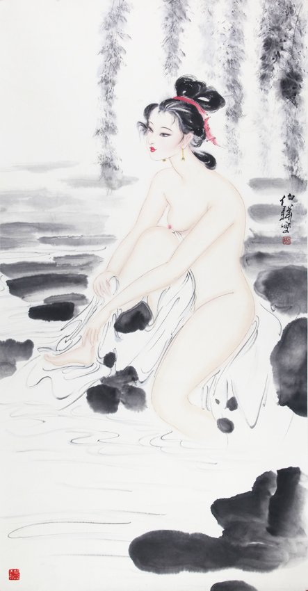 BATHING CHINESE GRIL BY BAI BO HUA: L:49.00in × W:25.00in