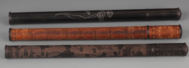 A GROUP OF THREE FINELY CARVED ROSEWOOD INCENSE HOLDER: 20th Century, H:9.2 in