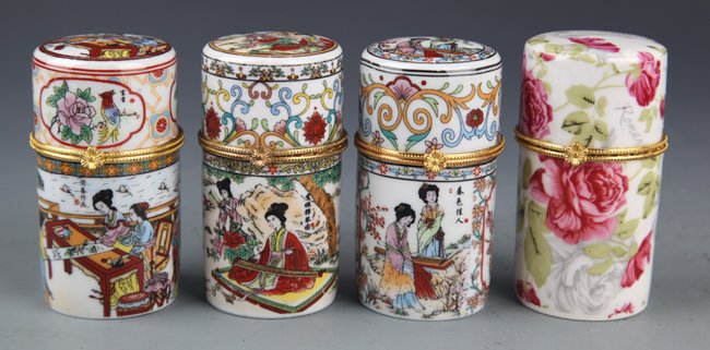 A SET OF FOUR COLORFUL PORCELAIN TOOTHPICK HOLDER: H:3.00 in × W:1.5 in