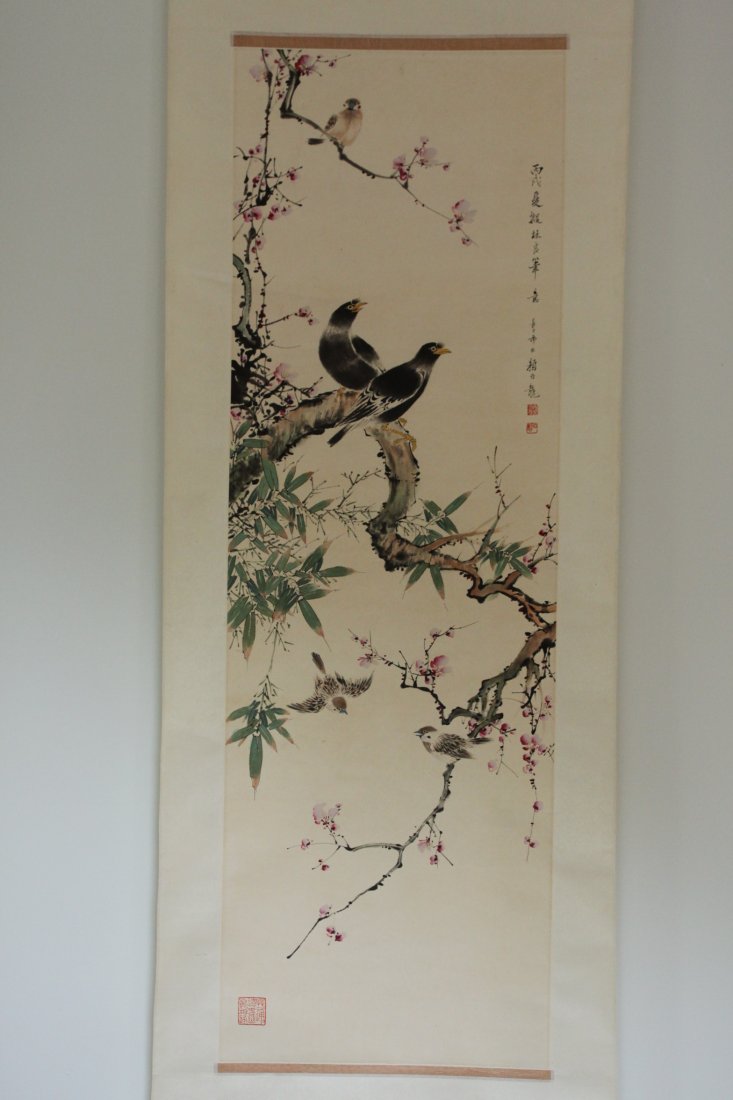 MAGPIE BY YAN BO LONG: 41 inx13 in. INK AND COLOR ON PAPER, HANGING SCROLL. PROPERTY FROM A PRIVATE SAN JOSE COLLECTOR.