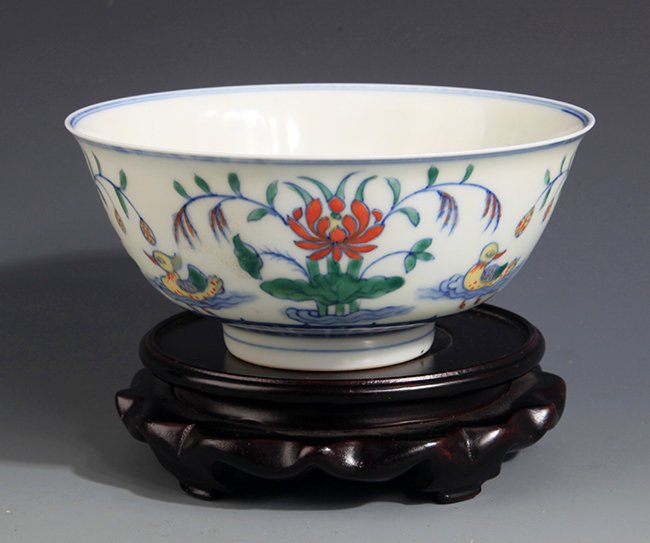 A FINELY PAINTED DOUCAI LOTUS PORCELAIN BOWL: Ming Dynasty Cheng Hua Period, H:2.75in × D:6.3in