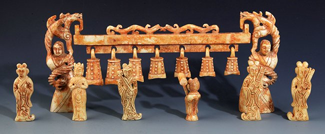 A SET OF OLD JADE BELL DECOREATION: A SET OF OLD JADE BELL DECOREATION, Han Dynasty, High: 5.5 inch x Long: 12.5 inch x High: 3.0 inch