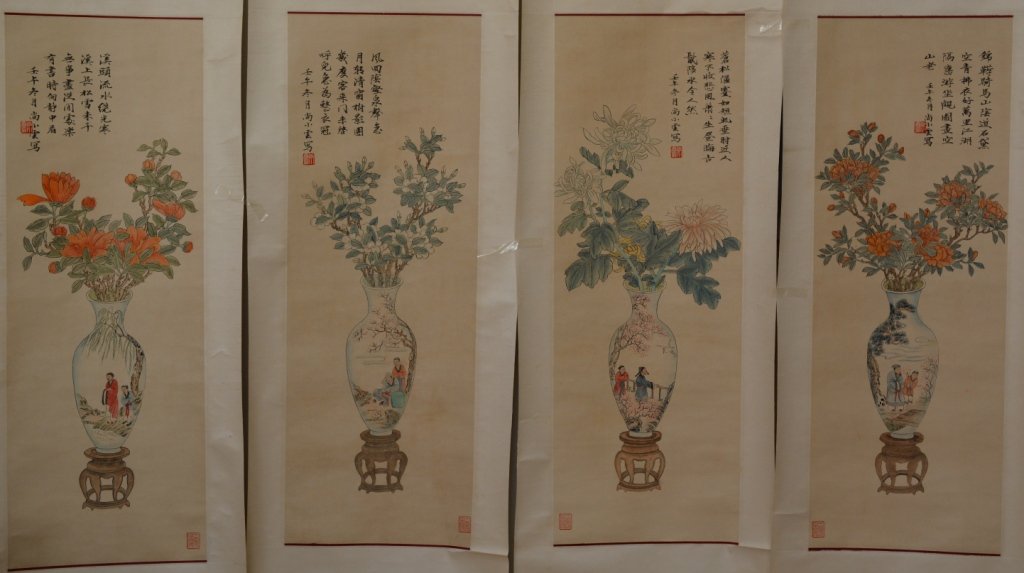Four Chinese HANGING SCROLLS: 34 1/2"X12". INK AND COLOR ON PAPER, signed Shang Xiaoyun. Ink and color on paper, signed Shang Xiaoyun.