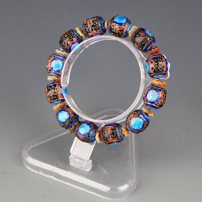 A FINE BRONZE CLOISONNÉ ENAMEL BRACELETS: 20th Century, Each Bead: D:0.5 in