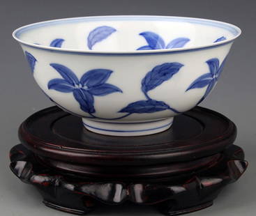 A FLOWER PAINTED BLUE AND WHITE PORCELINA BOWL: A FLOWER PAINTED BLUE AND WHITE PORCELINA BOWL, Probably Ming Dynasty, Cheng Hua Period, H:2.75 inch X D:6.5 inch