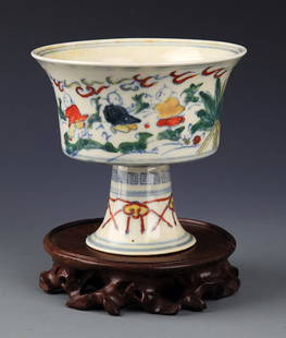 A CHENG HUA DOUCAI BOY PAINTED HIGH FOOT CUP: A CHENG HUA DOUCAI BOY PAINTED HIGH FOOT CUP, Probably Ming Dynasty, H:4.0 inch X D:4.25 inch