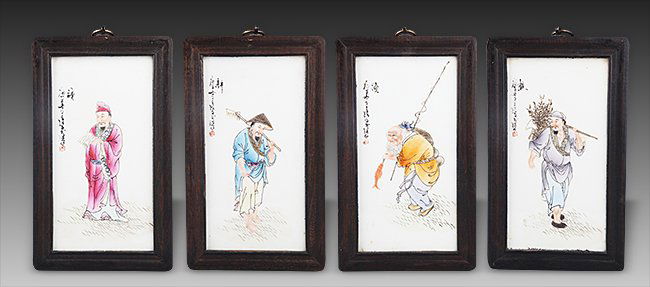 A SET OF FOUR GIRL PAINTED PORCELAIN PLAQUE (1 of 6)