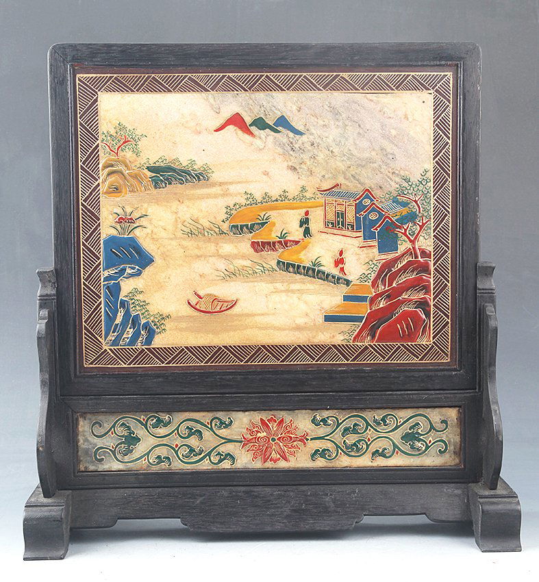 A RARE AND FINELY PAINTED STONE TABLE PLAQUE (1 of 6)