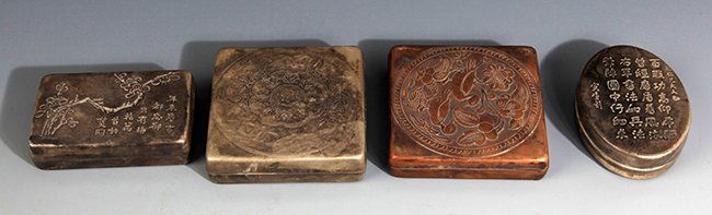 A GROUP OF FOUR FINELY CARVED BRONZE INK BOX (1 of 5)