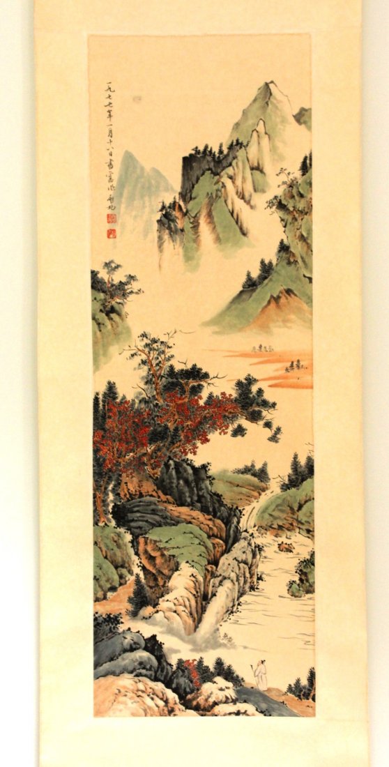 CHINESE SCROLL PAINTING OF LANDSCAPE: 31.5 in X10 in. INK AND COLOR ON PAPER, HANGING SCROLL. PROPERTY FROM A PRIVATE SAN JOSE COLLECTOR.