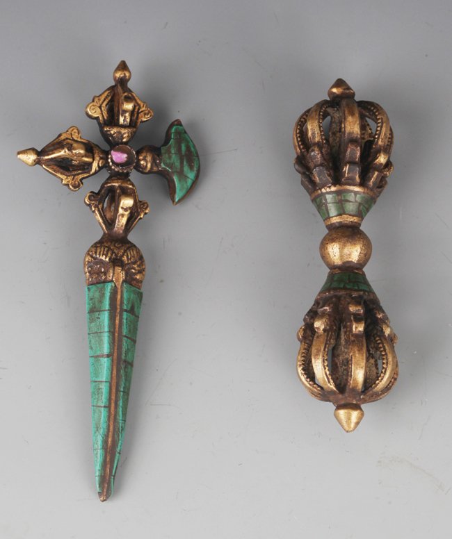 A GROUP OF TWO TIBETAN RELIGIOUS OBJECT WITH TURQUOISE (1 of 5)