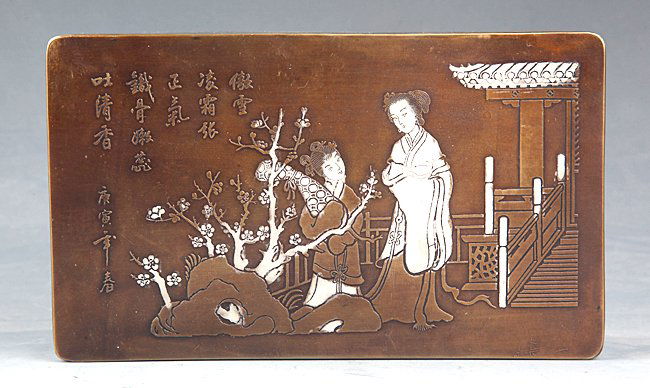 A LARGE STORY CARVING BRONZE INK BOX (1 of 6)