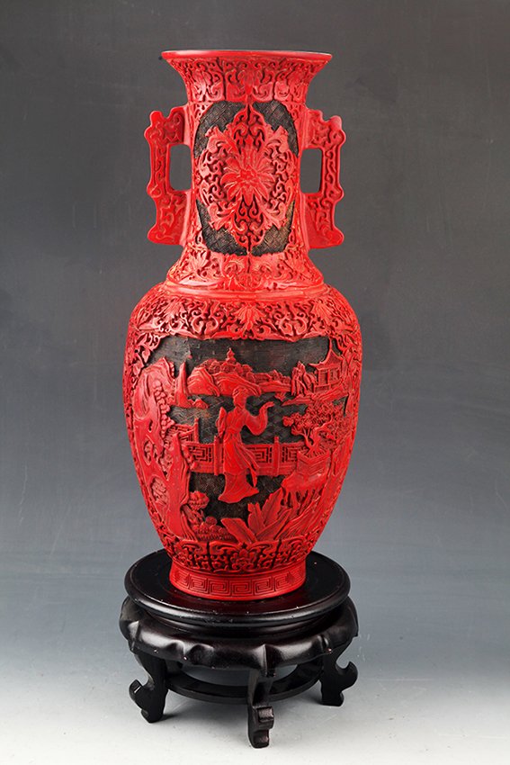A TALL RED COLOR CARVED LACQUER FLOWER JAR (1 of 6)