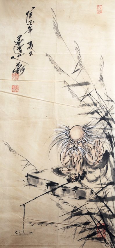 CHEN RONG KE (ATTRIBUTED TO 1927-): OLD MAN FISHING, L:37.00 inch X w:17.00 inch