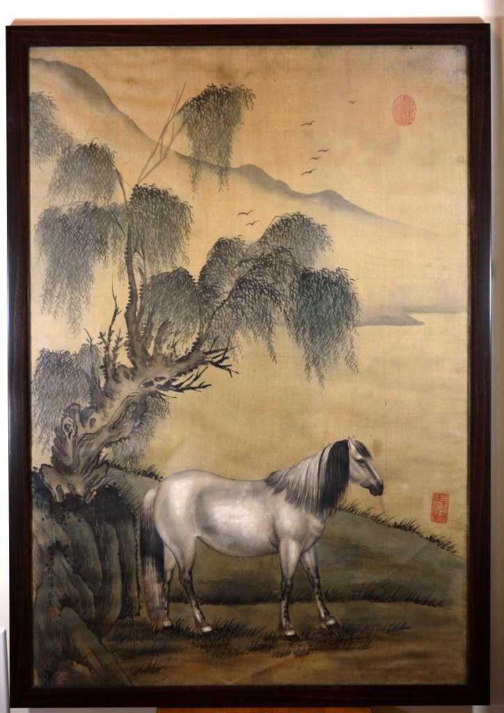IMPERIAL HORSE(ATTRIBUTED TO LANG SHINING): 19TH CENTURY. 36inX24in, INK AND COLOR ON SILK. FRAMED. PROPERTY FROM A PRIVATE SAN JOSE COLLECTOR.