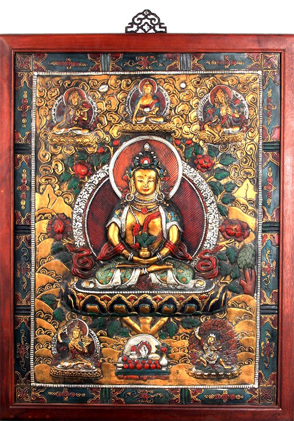 A CARVED BRONZE BUDDHA PLAQUE WITH WOODEN FRAME (1 of 7)