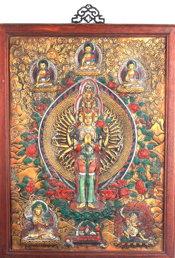 A CARVED BRONZE BUDDHA PLAQUE WITH WOODEN FRAME (1 of 6)