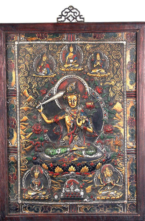 A WOODEN FRAME FINELY CARVED BRONZE TANGKA (1 of 7)