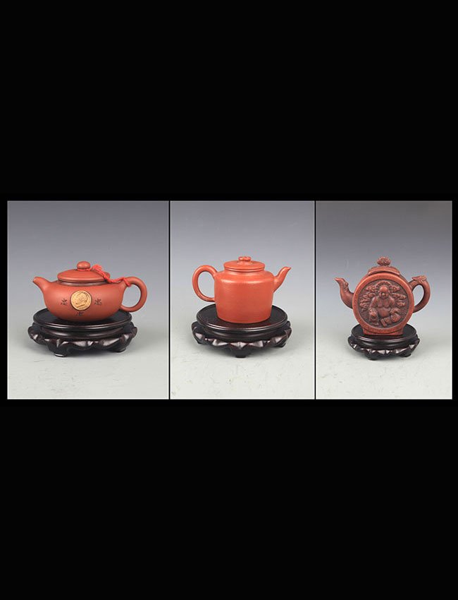 GROUP OF THREE FINELY CARVED ZISHA TEAPOT (1 of 10)