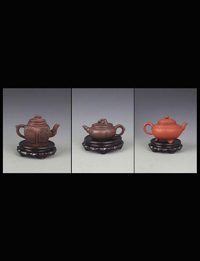 GROUP OF THREE FINELY CARVED ZISHA TEAPOT (1 of 10)