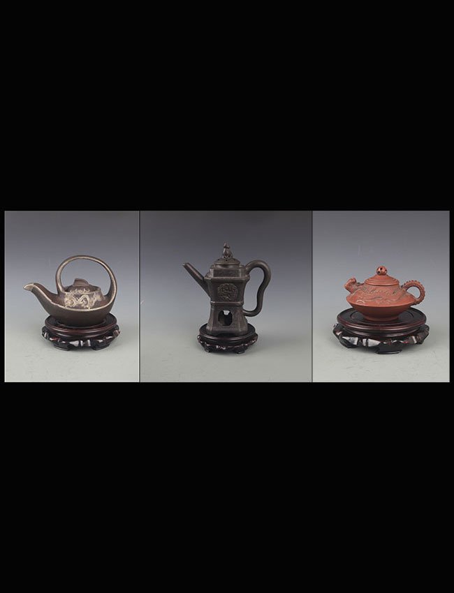 GROUP OF THREE FINELY CARVED ZISHA TEAPOT (1 of 10)