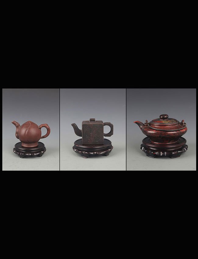 GROUP OF THREE FINELY CARVED ZISHA TEAPOT (1 of 10)