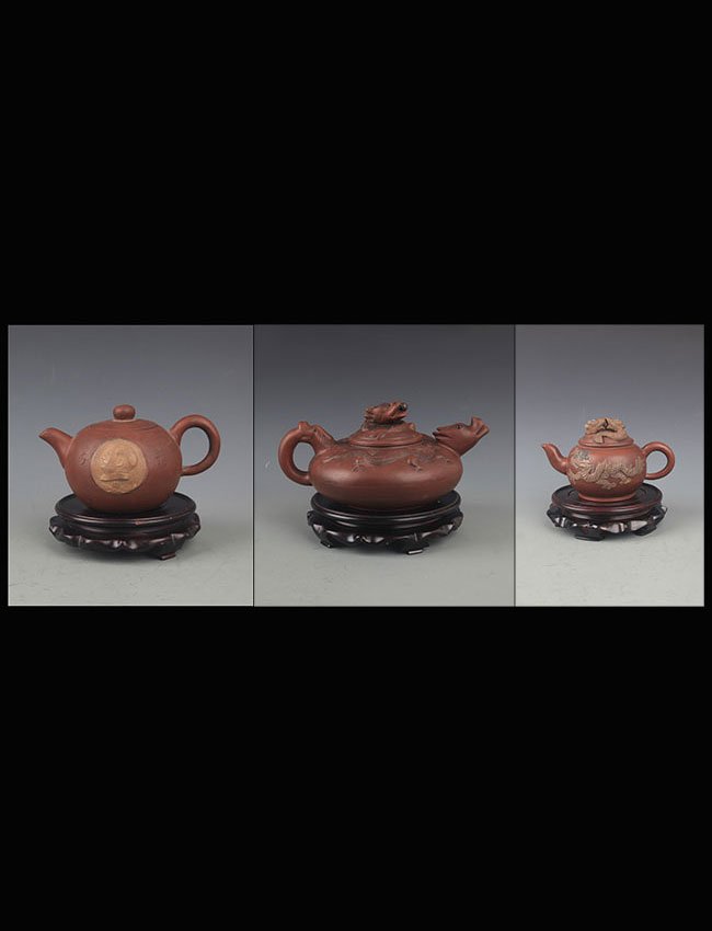 GROUP OF THREE FINELY CARVED ZISHA TEAPOT (1 of 10)