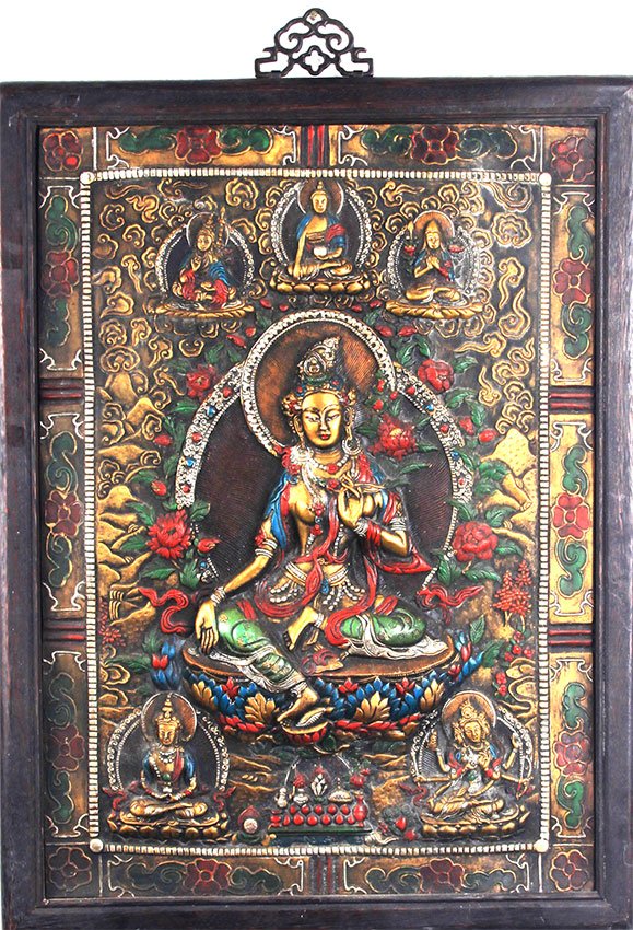 A CARVED BRONZE BUDDHA PLAQUE WITH WOODEN FRAME (1 of 5)