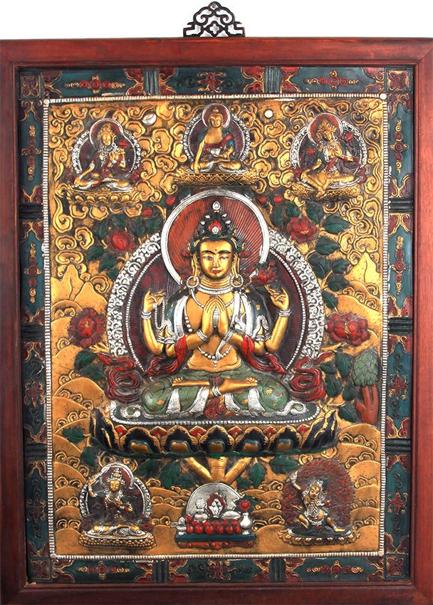 A BRONZE BUDDHA PLAQUE WITH WOODEN FRAME (1 of 7)